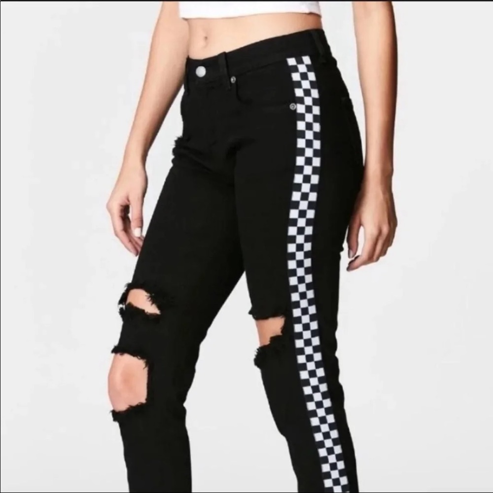 LF Carmar Racing Stripe Black Ripped Distressed Ankle Jeans Skinny Straight
